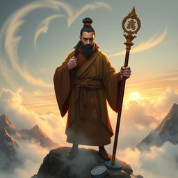 A dedicated sentinel monk, standing tall and vigilant atop a misty mountain peak