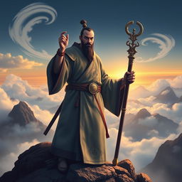 A dedicated sentinel monk, standing tall and vigilant atop a misty mountain peak