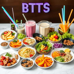 A vibrant and colorful spread of BTS-inspired dietary foods, showcasing a variety of healthy dishes including fresh fruits and vegetables, lean proteins, and whole grains