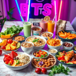 A vibrant and colorful spread of BTS-inspired dietary foods, showcasing a variety of healthy dishes including fresh fruits and vegetables, lean proteins, and whole grains