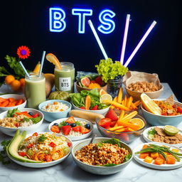 A vibrant and colorful spread of BTS-inspired dietary foods, showcasing a variety of healthy dishes including fresh fruits and vegetables, lean proteins, and whole grains