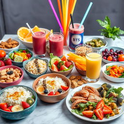 A vibrant and colorful spread of BTS-inspired dietary foods, showcasing a variety of healthy dishes including fresh fruits and vegetables, lean proteins, and whole grains