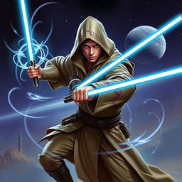 A heroic Jedi Sentinel from Star Wars, showcasing a unique blend of agility and combat skills