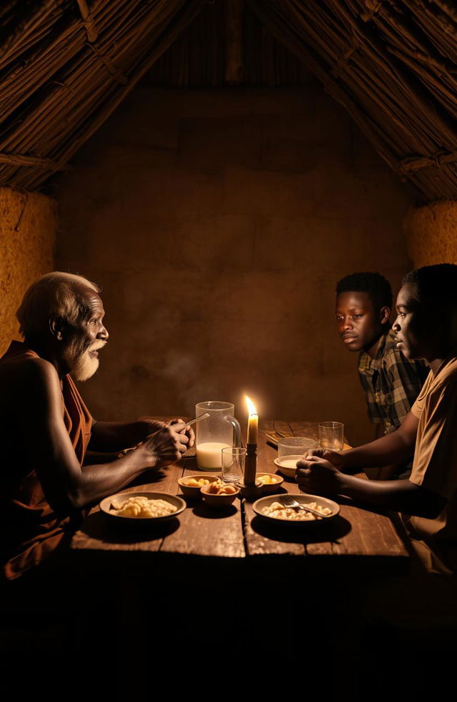 At night, inside a grass thatched mud-walled hut, an old African man is seated at a wooden table with his two sons, both around thirty years old, enjoying supper of potatoes and milk