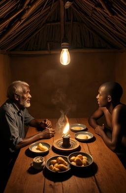 At night, inside a grass thatched mud-walled hut, an old African man is seated at a wooden table with his two sons, both around thirty years old, enjoying supper of potatoes and milk