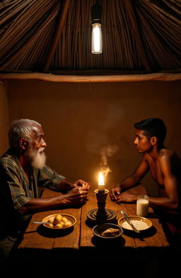 At night, inside a grass thatched mud-walled hut, an old African man is seated at a wooden table with his two sons, both around thirty years old, enjoying supper of potatoes and milk