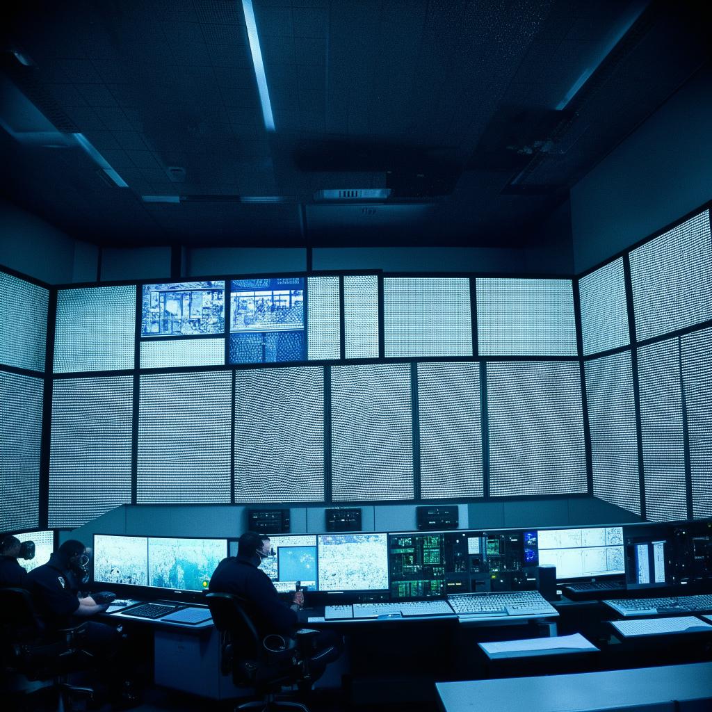 A detailed view of a high-tech penitentiary control room equipped with multiple screens, blinking lights and sophisticated equipment.