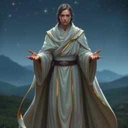 A Jedi Sentinel from the Star Wars universe, wearing elegant white and golden robes that flow gracefully, embodying a sense of peace and strength