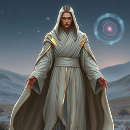 A Jedi Sentinel from the Star Wars universe, wearing elegant white and golden robes that flow gracefully, embodying a sense of peace and strength