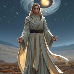 A Jedi Sentinel from the Star Wars universe, wearing elegant white and golden robes that flow gracefully, embodying a sense of peace and strength