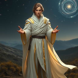 A Jedi Sentinel from the Star Wars universe, wearing elegant white and golden robes that flow gracefully, embodying a sense of peace and strength