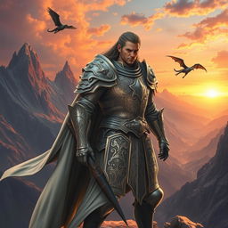 A majestic warrior clad in intricate Silverio armor, standing proudly on a windswept cliff