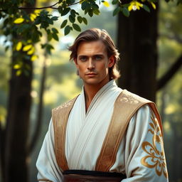 A male Jedi Sentinel from the Star Wars universe, wearing elegant white and golden robes, exuding a regal and mystical aura