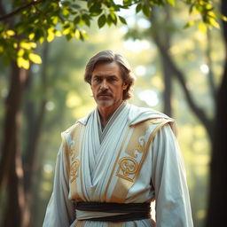 A male Jedi Sentinel from the Star Wars universe, wearing elegant white and golden robes, exuding a regal and mystical aura