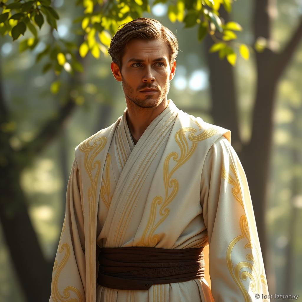 A male Jedi Sentinel from the Star Wars universe, wearing elegant white and golden robes, exuding a regal and mystical aura