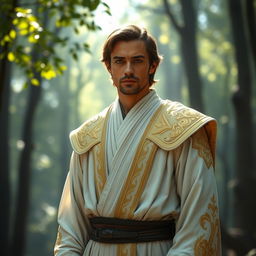 A male Jedi Sentinel from the Star Wars universe, wearing elegant white and golden robes, exuding a regal and mystical aura