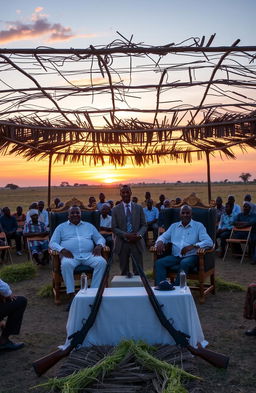 In an open field during a stunning evening sunset, 25 African elders are seated on wooden folding chairs under a shade structure made of thatched leaves and erected wooden poles