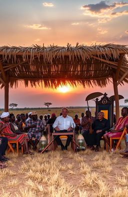 In an open field during a stunning evening sunset, 25 African elders are seated on wooden folding chairs under a shade structure made of thatched leaves and erected wooden poles
