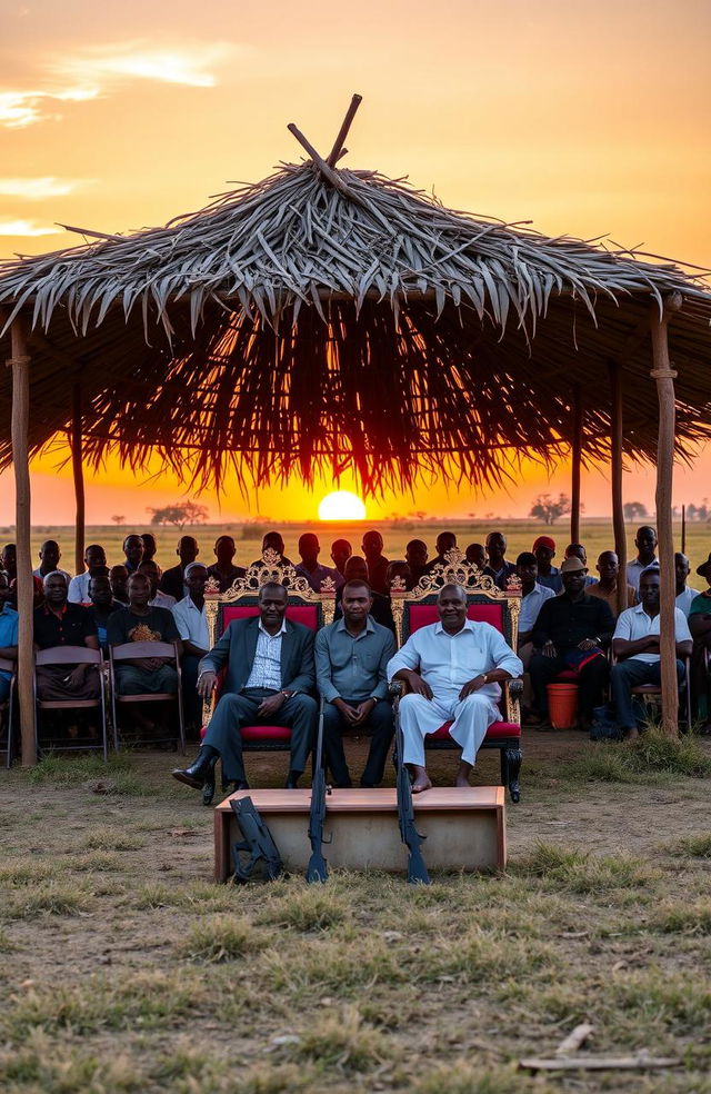 In an open field during a stunning evening sunset, 25 African elders are seated on wooden folding chairs under a shade structure made of thatched leaves and erected wooden poles