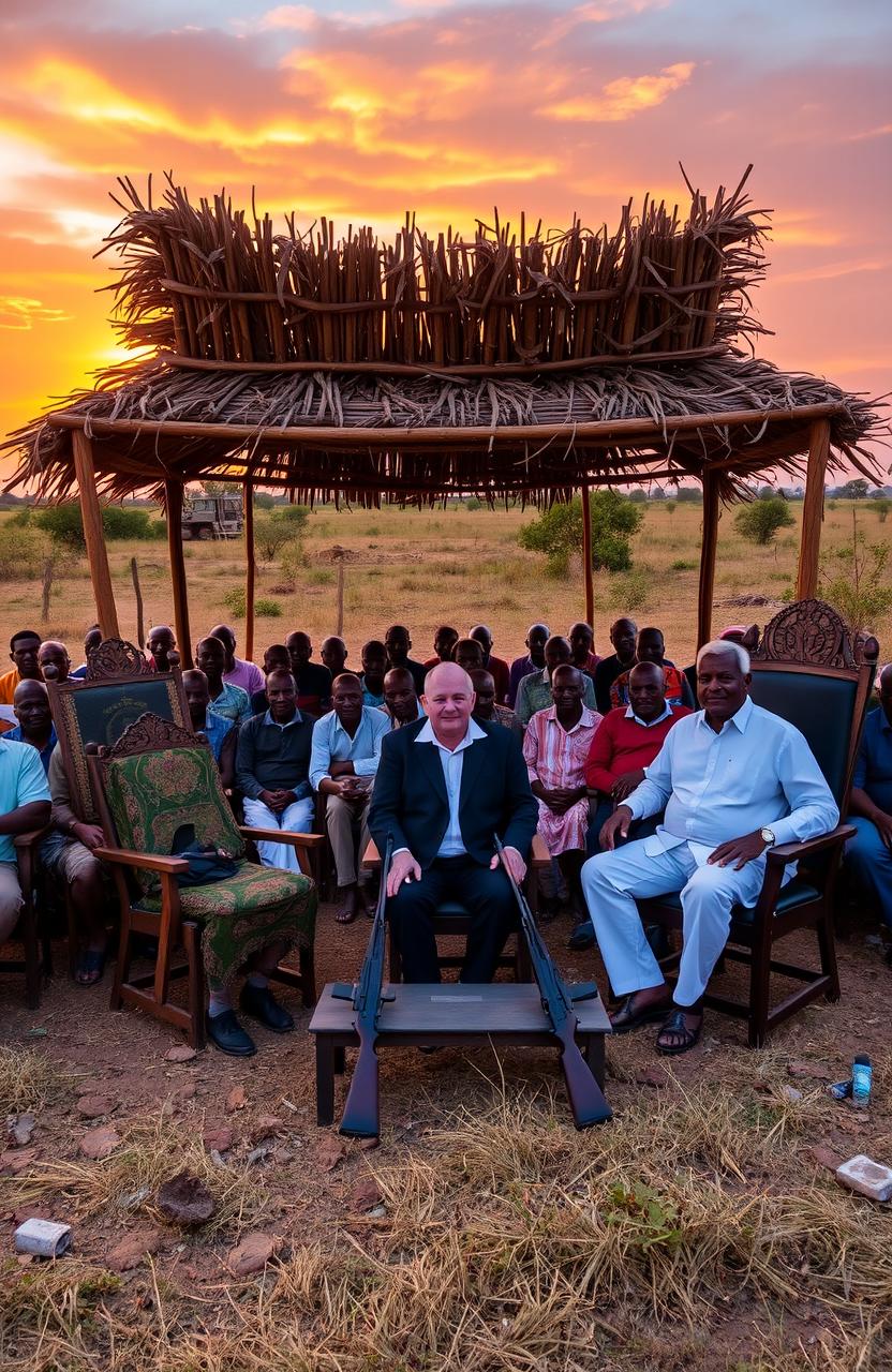 In an open field during a stunning evening sunset, 25 African elders are seated on wooden folding chairs under a shade structure made of thatched leaves and erected wooden poles