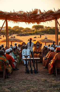 In an open field during an evening sunset, depicting a gathering of approximately 25 African elders dressed in traditional colorful clothing, seated on wooden folding chairs under a shade made of thatched leaves supported by sturdy poles