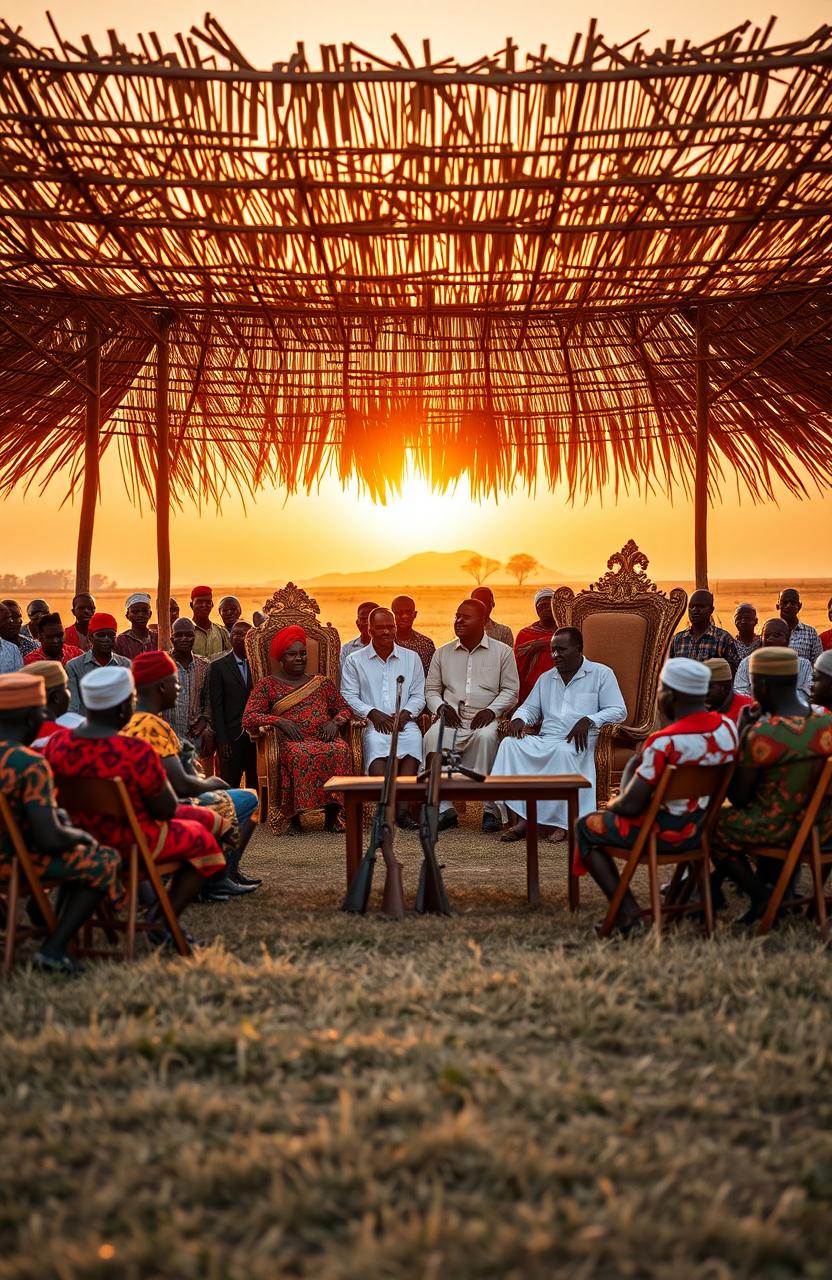 In an open field during an evening sunset, depicting a gathering of approximately 25 African elders dressed in traditional colorful clothing, seated on wooden folding chairs under a shade made of thatched leaves supported by sturdy poles