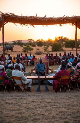 In an open field during an evening sunset, depicting a gathering of approximately 25 African elders dressed in traditional colorful clothing, seated on wooden folding chairs under a shade made of thatched leaves supported by sturdy poles