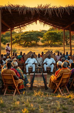 In an open field during an evening sunset, depicting a gathering of approximately 25 African elders dressed in traditional colorful clothing, seated on wooden folding chairs under a shade made of thatched leaves supported by sturdy poles