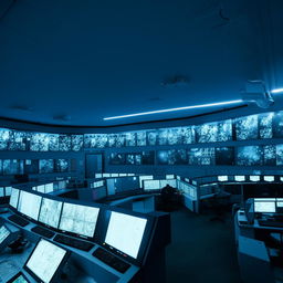 A detailed view of a high-tech penitentiary control room equipped with multiple screens, blinking lights and sophisticated equipment.