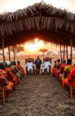 In an open field during an evening sunset, a serene scene unfolds with around 25 East African elders dressed in vibrant traditional clothes, sitting on wooden folding seats within a shaded area created by thatched leaves supported by erected poles