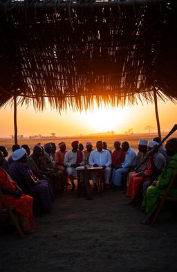 In an open field during an evening sunset, a serene scene unfolds with around 25 East African elders dressed in vibrant traditional clothes, sitting on wooden folding seats within a shaded area created by thatched leaves supported by erected poles