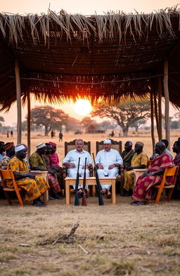 In an open field during an evening sunset, a serene scene unfolds with around 25 East African elders dressed in vibrant traditional clothes, sitting on wooden folding seats within a shaded area created by thatched leaves supported by erected poles
