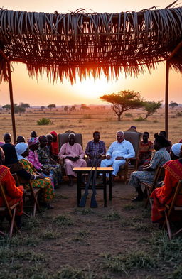 In an open field during an evening sunset, a serene scene unfolds with around 25 East African elders dressed in vibrant traditional clothes, sitting on wooden folding seats within a shaded area created by thatched leaves supported by erected poles