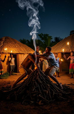 A dramatic night scene in a homestead setting, showcasing two traditional East African huts under a starry sky