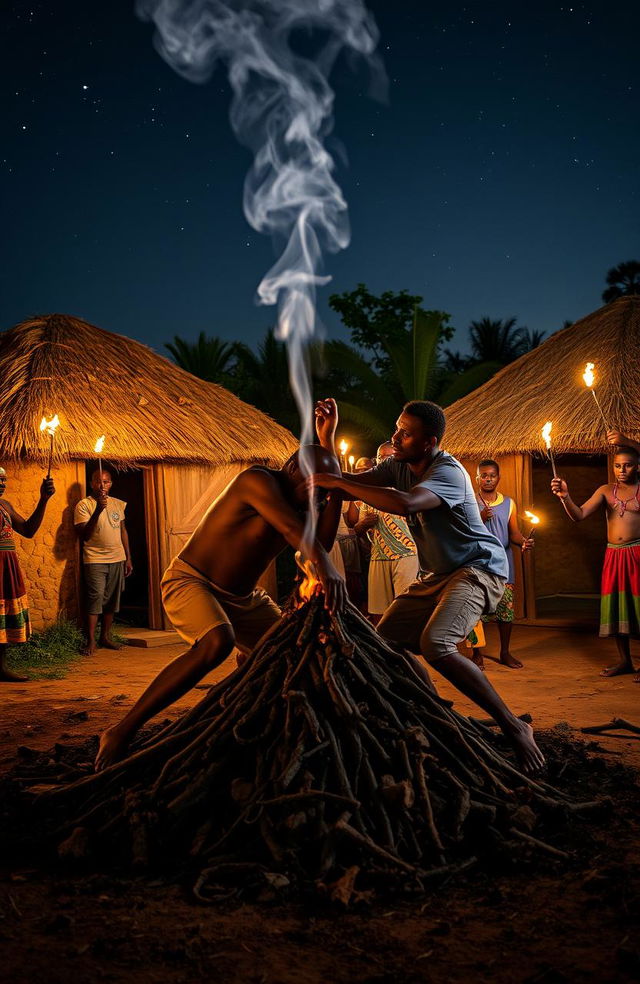 A dramatic night scene in a homestead setting, showcasing two traditional East African huts under a starry sky