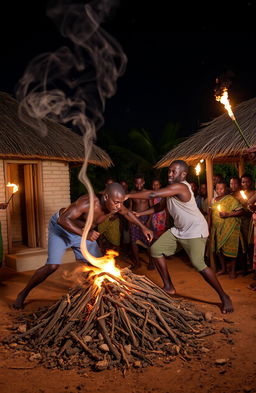 A dramatic night scene in a homestead setting, showcasing two traditional East African huts under a starry sky