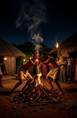 A dramatic night scene in a homestead setting, showcasing two traditional East African huts under a starry sky