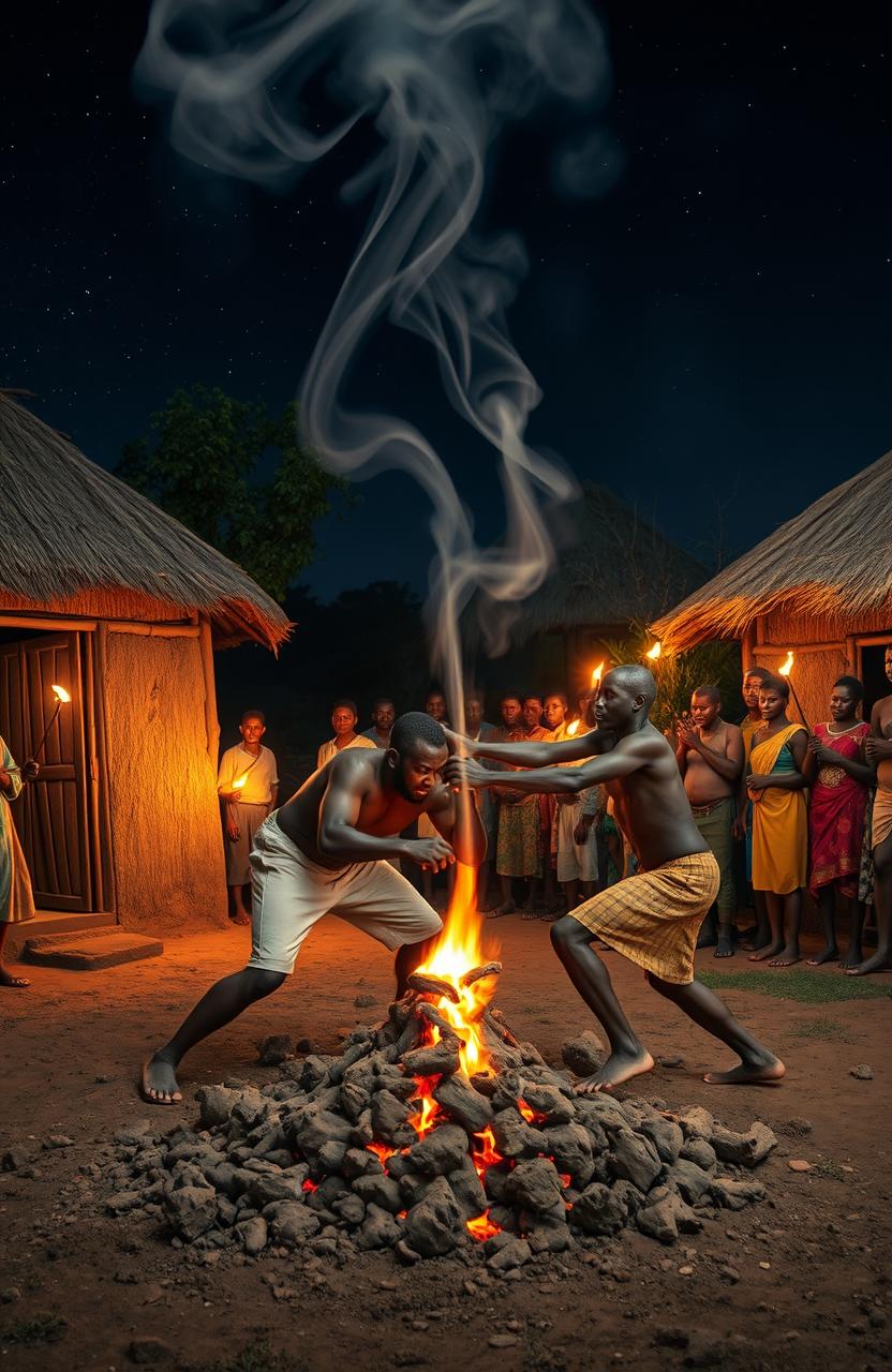 A dramatic night scene in a homestead setting, showcasing two traditional East African huts under a starry sky