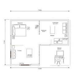 A detailed floor plan layout for a room measuring 7