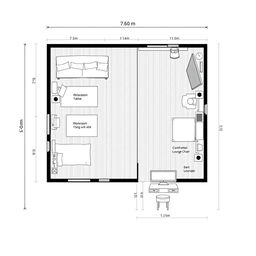 A detailed floor plan layout for a room measuring 7