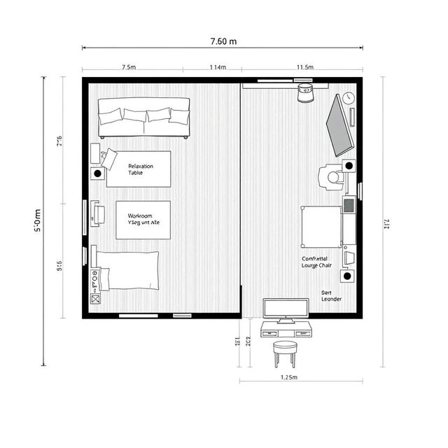 A detailed floor plan layout for a room measuring 7