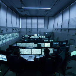 A detailed view of a high-tech penitentiary control room equipped with multiple screens, blinking lights and sophisticated equipment.