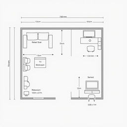A detailed and quantified floor plan layout for a room measuring 7