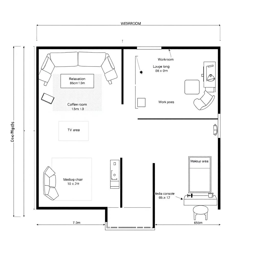 A detailed and quantified floor plan layout for a room measuring 7