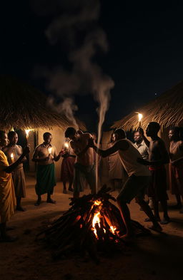 In a homestead at night, the scene is set with two traditional huts illuminated by flickering torchlight