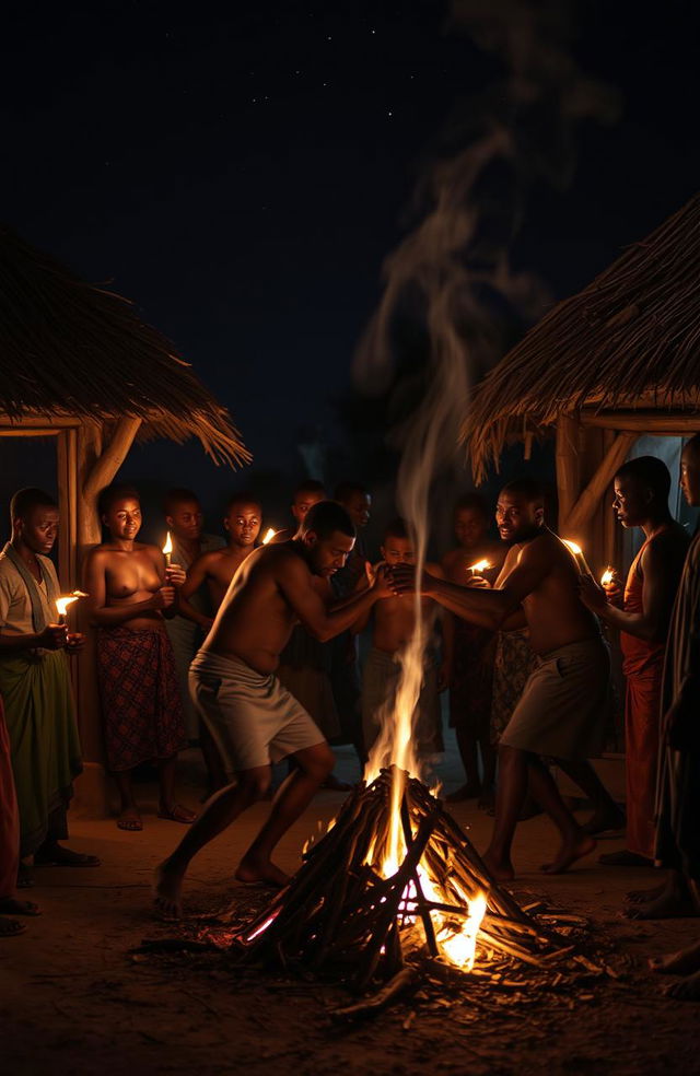 In a homestead at night, the scene is set with two traditional huts illuminated by flickering torchlight