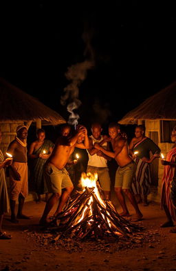 In a homestead at night, the scene is set with two traditional huts illuminated by flickering torchlight