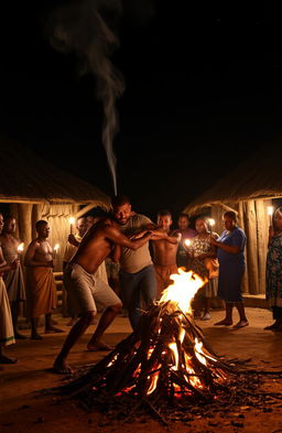 In a homestead at night, the scene is set with two traditional huts illuminated by flickering torchlight