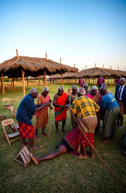 An open field under a grassy thatched shade in the evening, with erected wooden poles