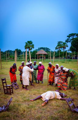 An open field under a grassy thatched shade in the evening, with erected wooden poles